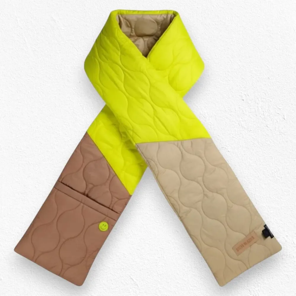 Steve Madden Yellow Peach Colorblock Quilted Scarf with Pocket Smiley Patch NWT